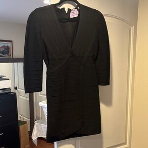 Herve Leger Black Long Sleeve Bandage V-Neck Dress